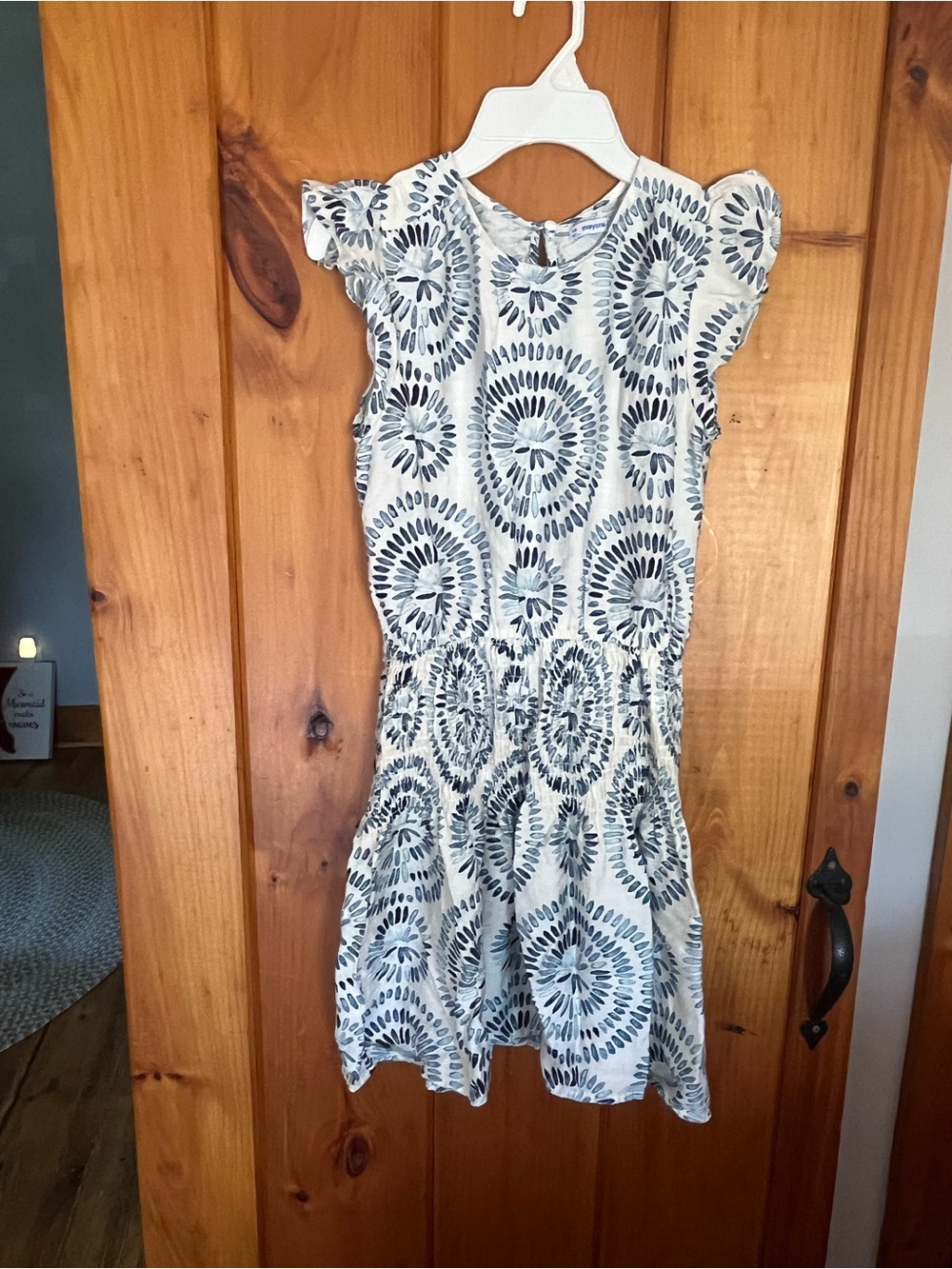 Girls Mayoral White Dress with Blue Sunburst Print